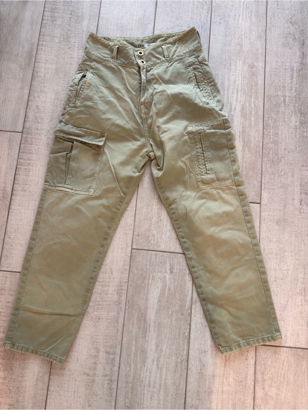 Zara Sage Green Cotton High Rise Cargo Pants